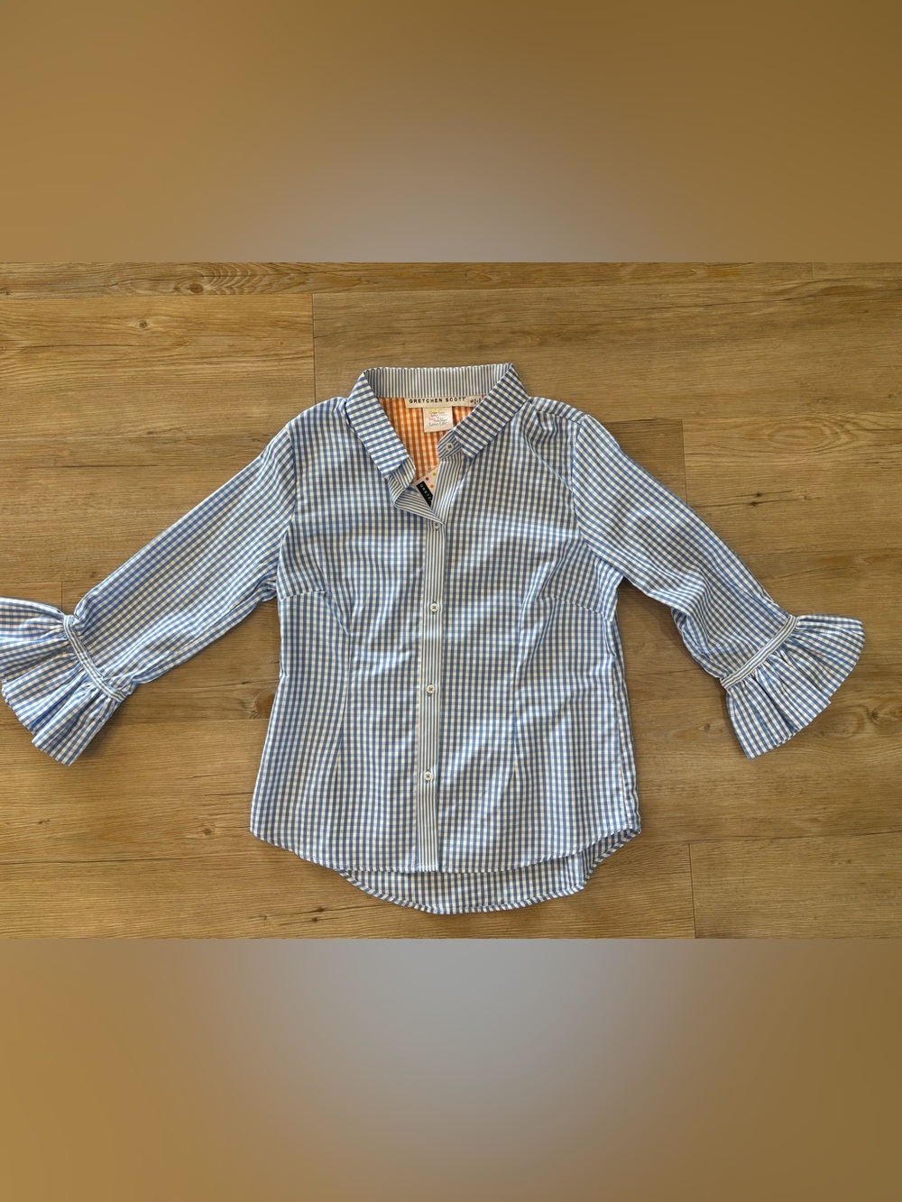 Gretchen Scott Designs Blue & White Gingham Ruffle-Sleeve Button Down